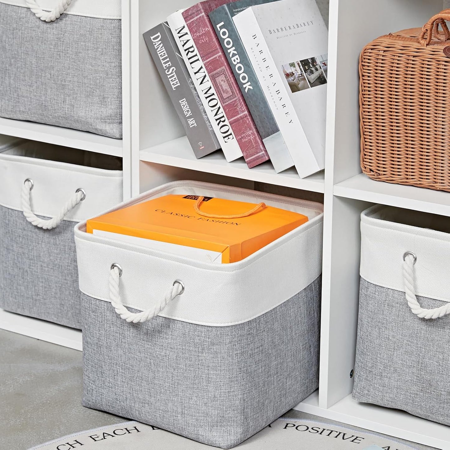 12 x 12 Inch Cube Storage Bins, 6 Pack Large Collapsible Fabric Storage Bin with Ropes, Foldable Storage Cubes for Home, Office,Closet, Clothes, Toys Organizer (White & Grey)