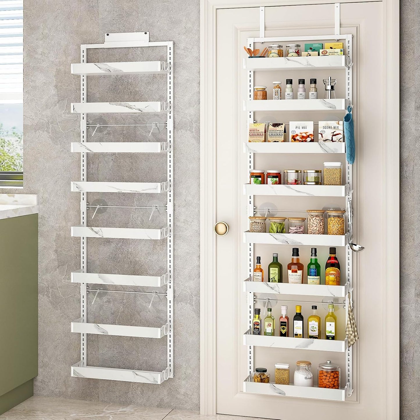 bukfen Over the Door Pantry Organizer,8-Tier Adjustable Basket Kitchen Pantry Door Organization and Storage, Heavy-Duty Metal Hanging Kitchen Spice Rack,D6.3 x W17.32 x H66.93 inch,White Marble Color