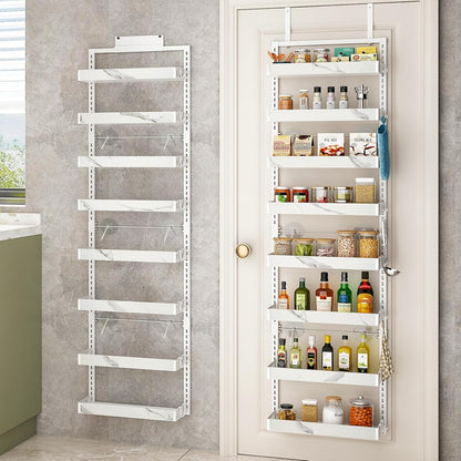 bukfen Over the Door Pantry Organizer,8-Tier Adjustable Basket Kitchen Pantry Door Organization and Storage, Heavy-Duty Metal Hanging Kitchen Spice Rack,D6.3 x W17.32 x H66.93 inch,White Marble Color