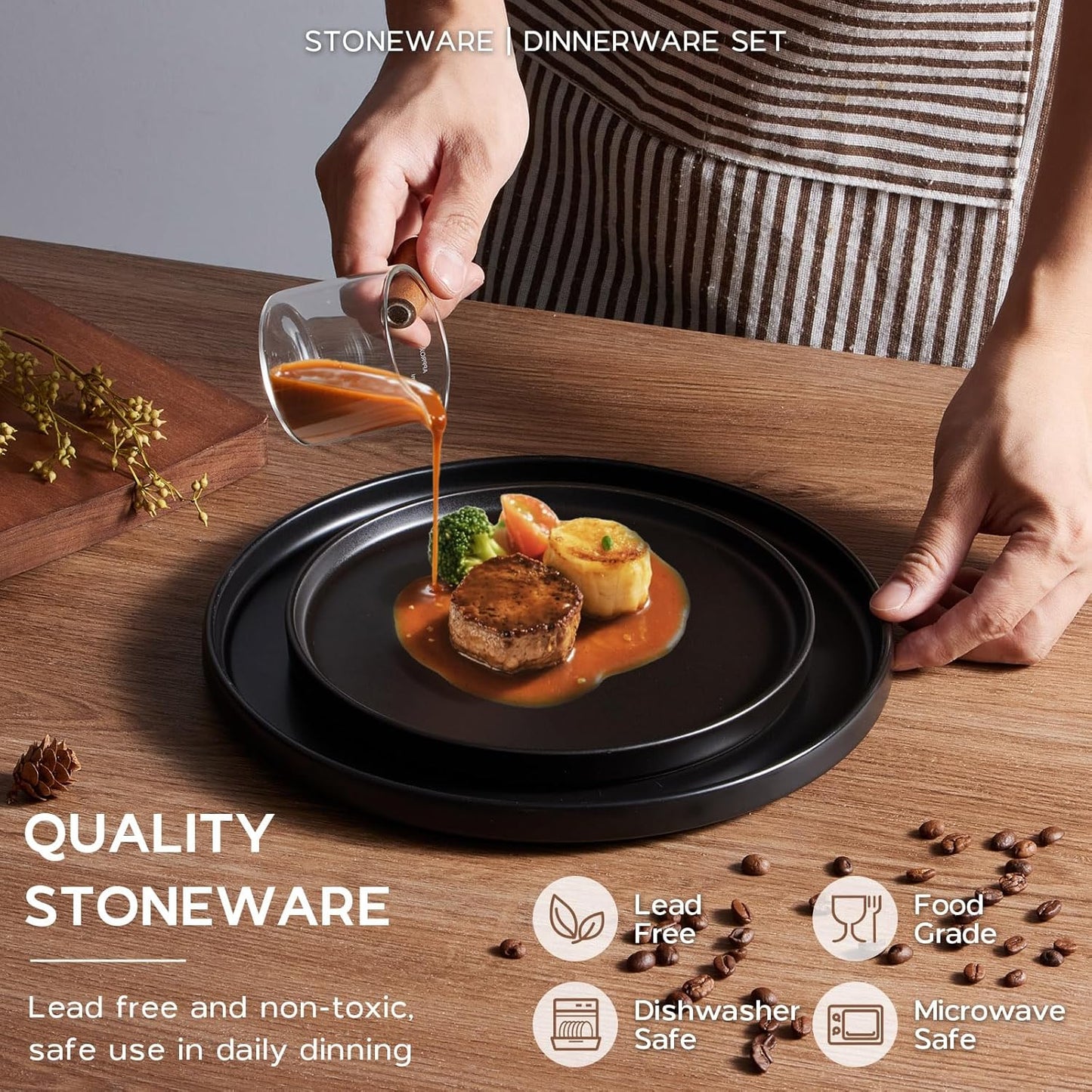 Onader Stoneware Dinnerware Set for 2 with Pasta Bowl, 8 Piece Plates and Bowls Dish Dinner Set, Microwave & Dishwasher Safe - Ebony Black