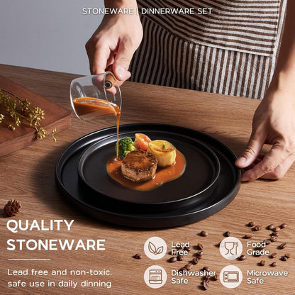 Onader 16 Piece Dinnerware Sets with Serving Bowls for 4, Stoneware Plates and Bowls Dish Sets, Ceramic Dinner Ware Dishware for Kitchen Dining, Chip & Scratch Resistant - Ebony Black