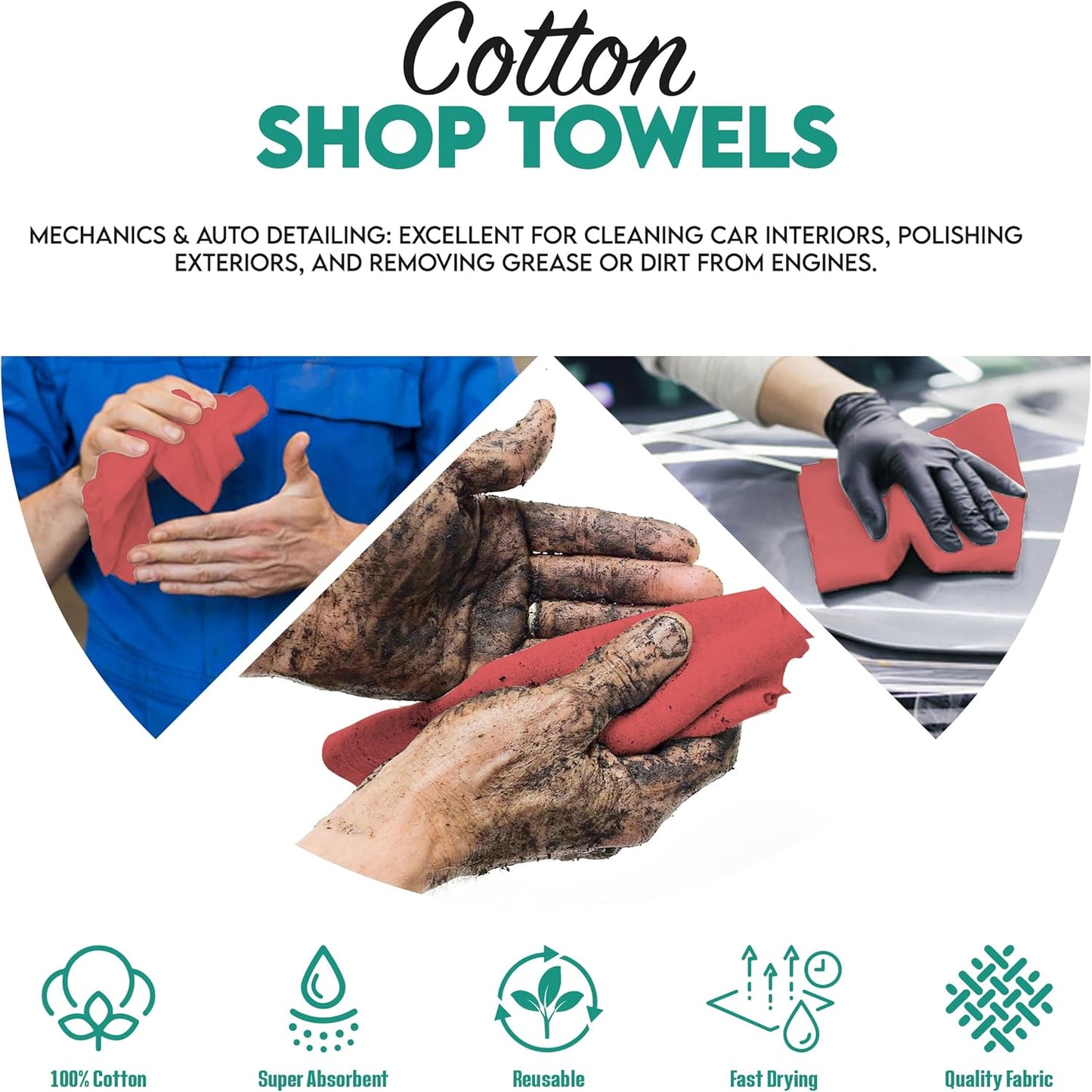 ZUPERIA Cotton Shop Towel – Multipurpose Cleaning Cloths (14" x 12" - Pack of 150 - Red) Reusable Shop Rags for Automobiles, Industrial, Restaurants, Garage, and Homes