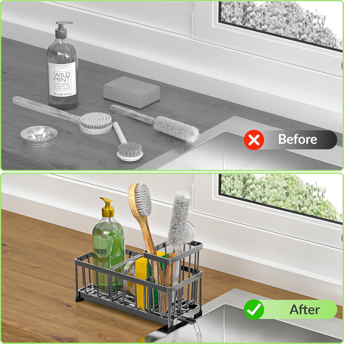 Self-Draining Kitchen Sink Caddy with Elevated Brush Holder – Rustproof Stainless Steel Multipurpose Sponge Holder for Kitchen Sink Organizer with Durable Design for Countertop