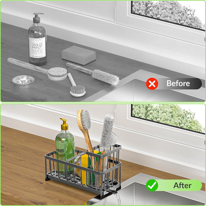 Self-Draining Kitchen Sink Caddy with Elevated Brush Holder – Rustproof Stainless Steel Multipurpose Sponge Holder for Kitchen Sink Organizer with Durable Design for Countertop