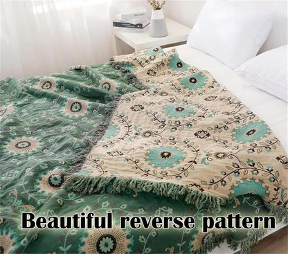 MSGKV Green Boho Throw Blanket for Bed Couch,100% Cotton Mexican Picnic Blankets Travel Blanket 80''x 90'', Super Soft Lightweight Muslin Blanket for Bedroom Living Room Boho Decor