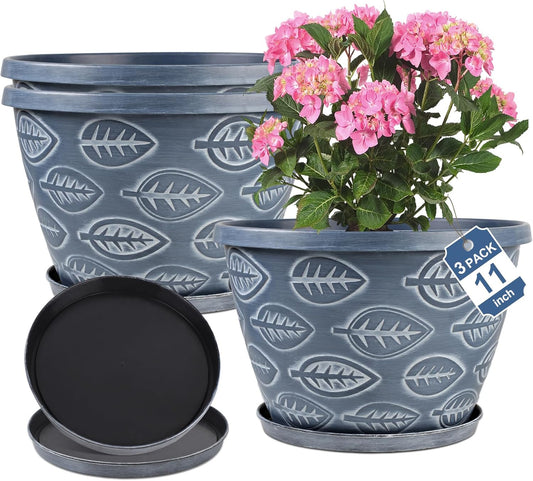 Outdoor Flower Pots for Plants Set of 3 Pack 11 Inch Planter Pot, Large Plastic Plant Pots Indoor Plants with Drainage Holes & Trays, Modern Decorative Garden Containers Sets for House(Blue)