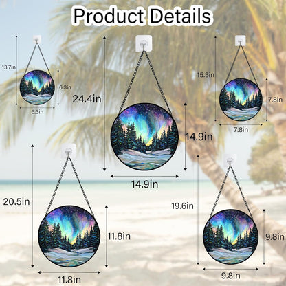 Stained Glass Window Hanging, Aurora Landscape Sun Catchers Glass Panel Green Trees Suncatcher Decor for Birthday for Women, Men, Wife, Aunt, and Mom 14.9x14.9 in