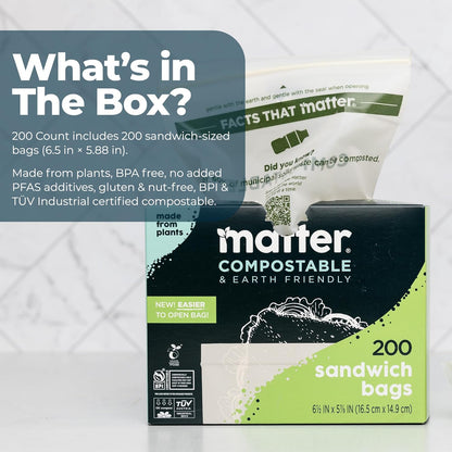 Matter Compostable Sandwich Bags for Food Storage, Eco-Friendly, Resealable, 200 Count