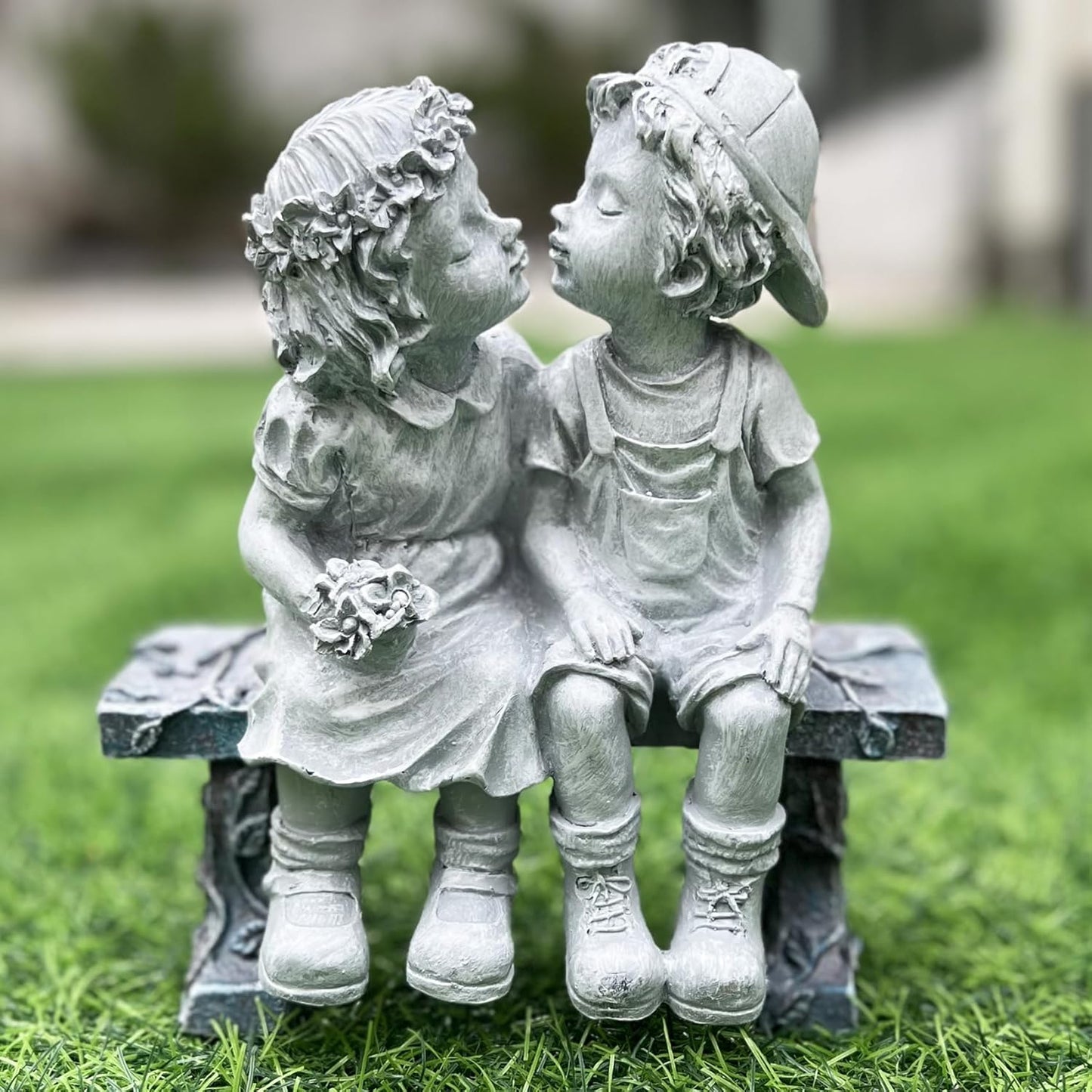 Elenon Boy and Girl Garden Statue Outdoor Decorative, Couple First Kiss Garden Sculpture for Yard Patio Art Flower Bed Decoration, 8 1/4" L x 4 3/4" W x 9" H