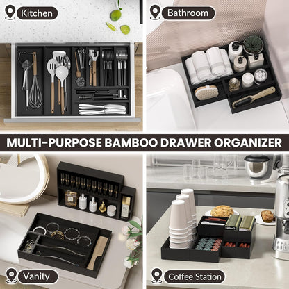 Kitchen Drawer Organizer Bins, Stackable Bamboo Drawer Organizer for Silverware, Flatware, Deep Office Desk Organizer Tray, Desktop Pen, Office Organization Black 9" x 6" x 2.5"(Set of 2)