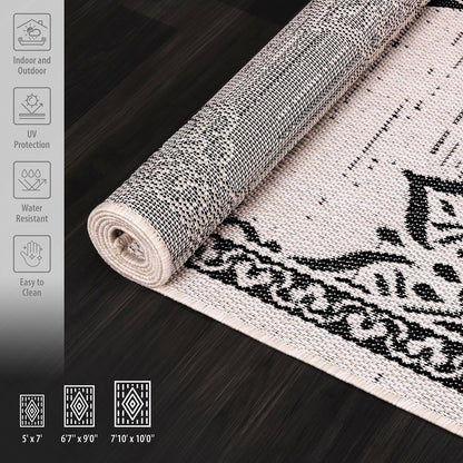CAMILSON Outdoor Rug, 5x7 Medallion White Black Modern Area Rugs for Indoor and Outdoor Patios, Kitchen and Hallway Mats, Washable Porch Deck Outside Carpet (Medallion White, 5 x 7)