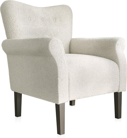 BELLEZE Modern Accent Chair for Living Room, High Back Polyester Armchair with Wooden Legs, Upholstered Wingback Side Chair Padded Armrest Single Sofa for Living Room, Bedroom - Allston (White)