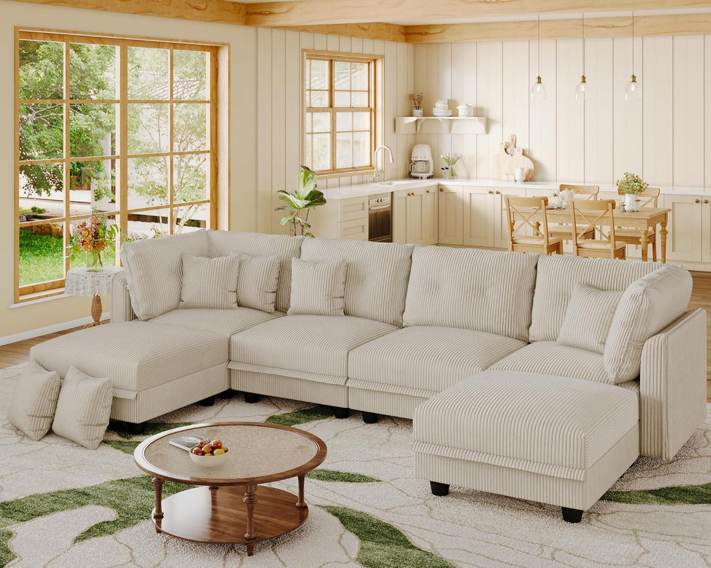 LLappuil Modular Sectional Sofa with Storage, U-Shaped Convertible Sleeper Couch, 6-Seat Oversized Living Room Sofa with 6 Back Cushions & 6 Throw Pillows, Beige Corduroy Fabric