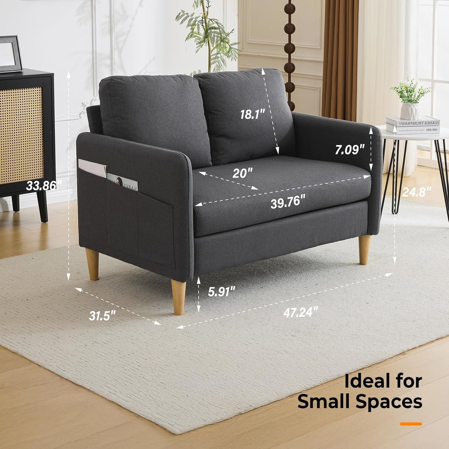 VINGLI 47" Small Couch, Dark Grey Linen Loveseat Sofa Mini Couch Mid Century Modern Decor Love Seat for Small Spaces Living Room, Bedroom, Play Room