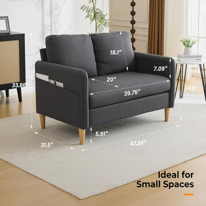VINGLI 47" Small Couch, Dark Grey Linen Loveseat Sofa Mini Couch Mid Century Modern Decor Love Seat for Small Spaces Living Room, Bedroom, Play Room