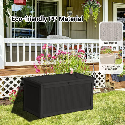 DRATO 260 Gallon Deck Box, Outdoor Large Waterproof Resin Storage Box with Lockable Lid for Patio Cushions, Gardening Tools, Sports Equipment, Black