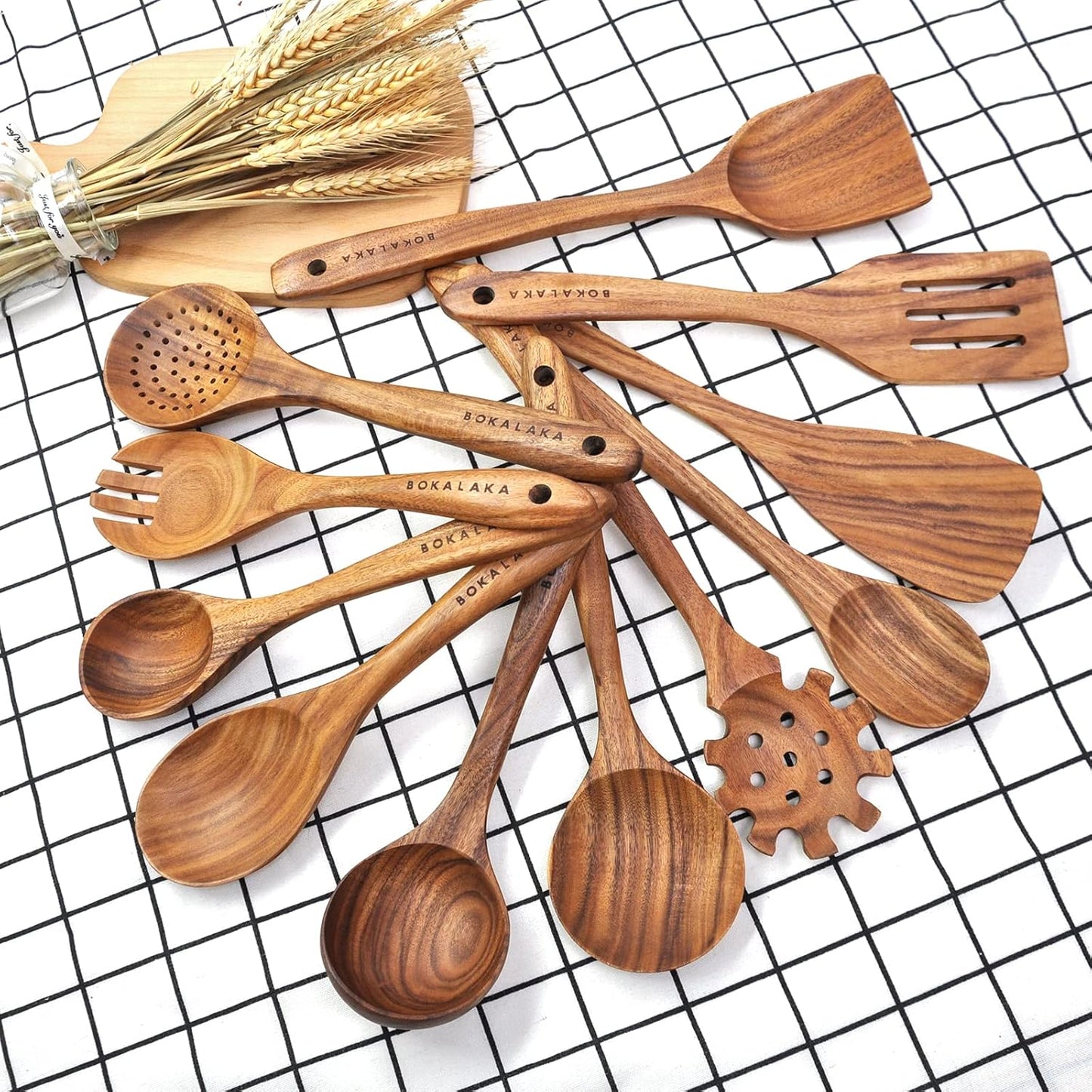 11 Pcs Wooden Kitchen Utensils Set - Wooden Spoons, Spatulas and More for Cooking