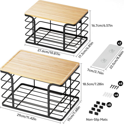 2 Pack Extra Large Stackable Pantry Organizers and Storage,Wall Mount Trash Bag Holder Dispenser with Bamboo Top for Kitchen Laundry Room Organization,Black