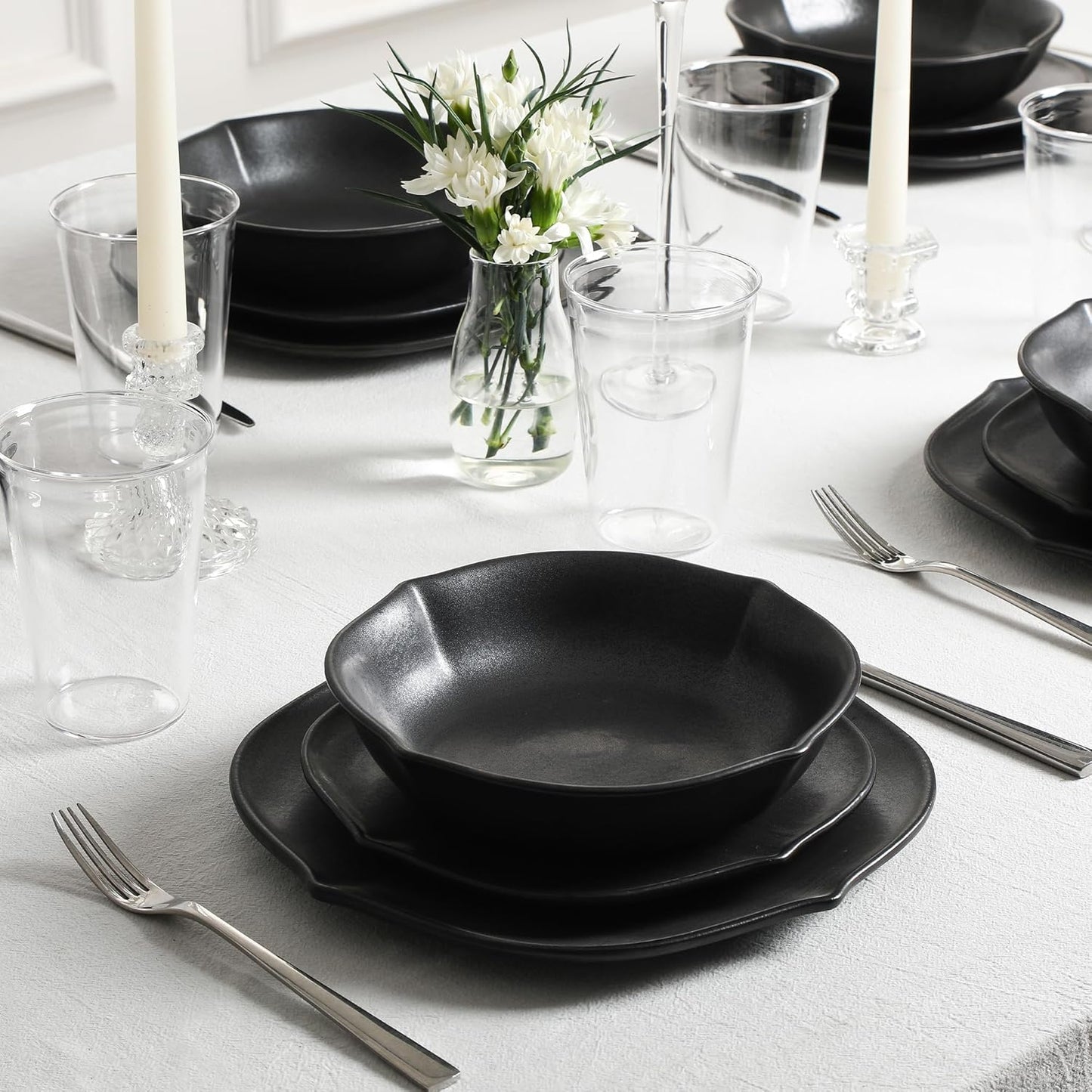 Stone Lain Baskerville 32-Piece Dinnerware Set Stoneware, Borosilicate Glass, Black