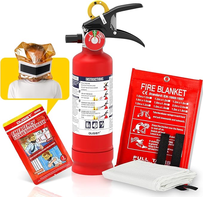 Ougist 3 Pieces Fire Extinguisher Kit for Home Kitchen and Car – Includes 2.5 lb ABC Dry Powder Fire Extinguisher with Quick-Release Handle, Emergency Smoke Hood and Fire Blanket