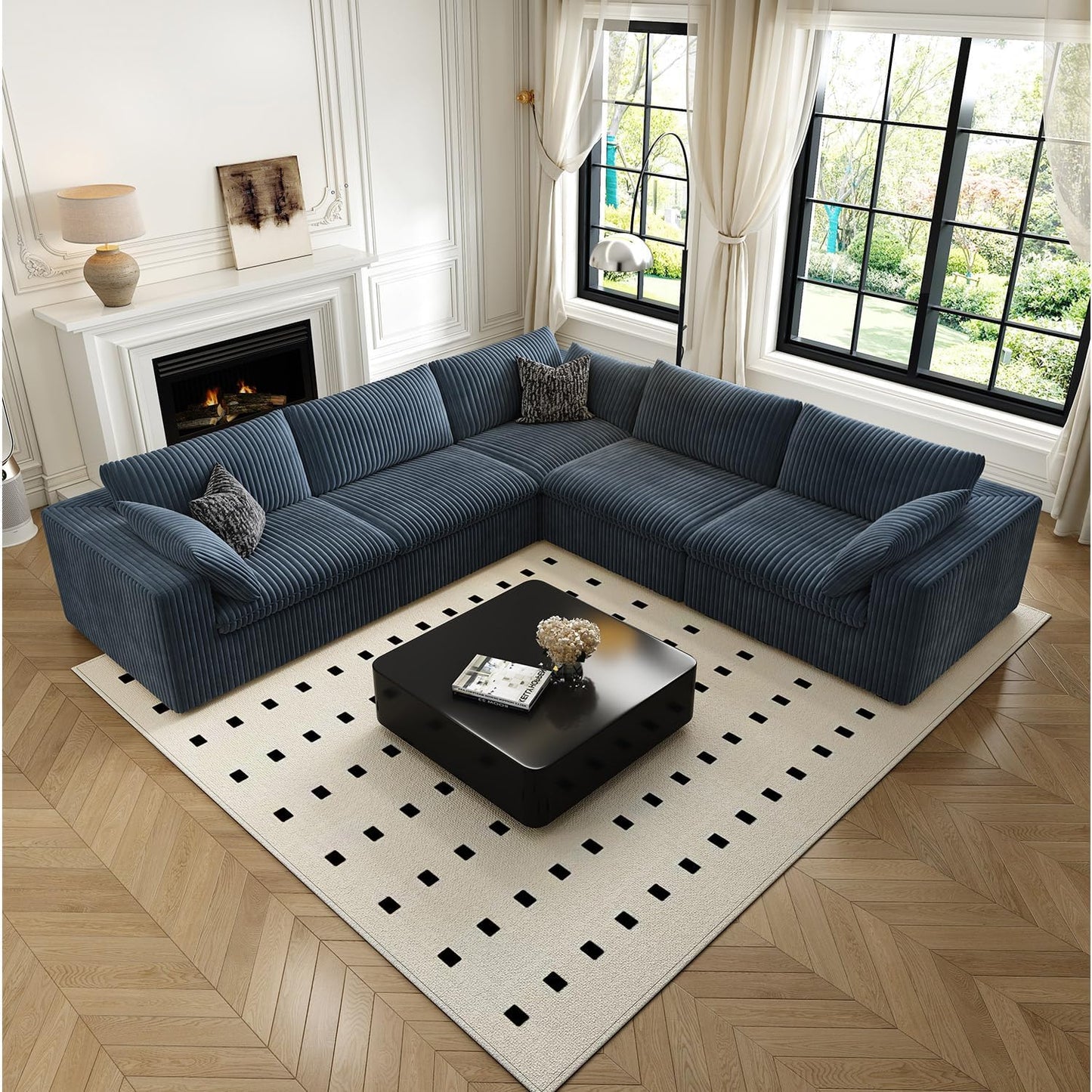 118" Cloud Couch Oversized Modular Sectional Sofa for Living Room,Modern Sofa with Deep Seat，V Shaped Boneless Couch,Comfy Upholstered Corduroy Couches for Apartment, Studio, Office,Bedroom，Blue