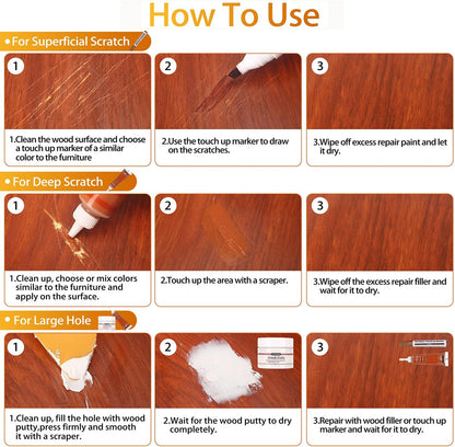 Lifreer Wood Repair Kit, 42 Pcs Furniture Repair Kit - Wood Filler, Touch Up Marker, Wood Putty, Wood Crayon for Scratch, Cracks, Stains, Discoloration for Wooden Door, Floor, Table, Cabinet