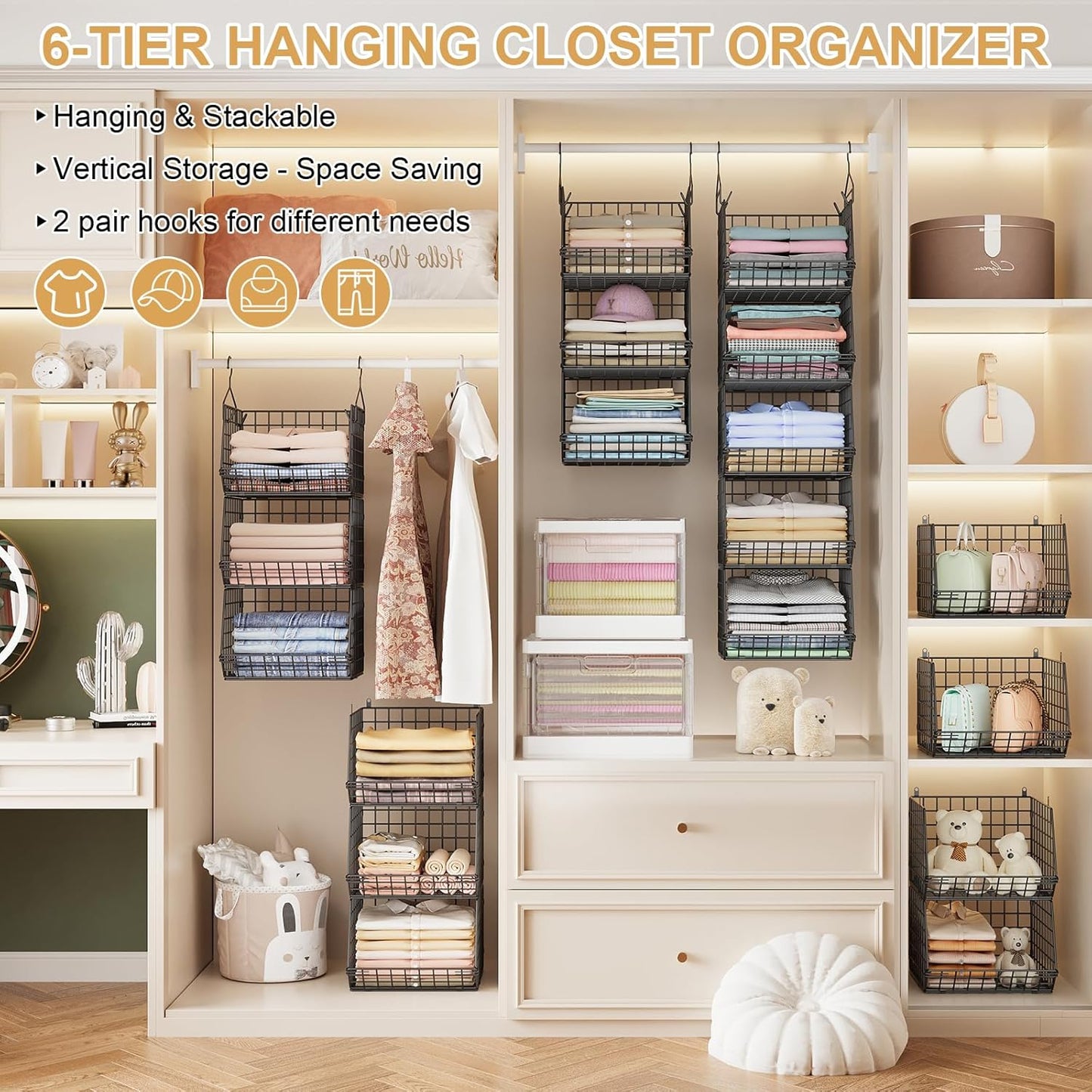 6 Tier Closet Hanging Organizer, Clothes Hanging Shelves with 4 Hanging Hooks 5 S Hooks, Wire Storage Basket Bins, for Clothing Sweaters Shoes Handbags Clutches Accessories Patent Design-Black