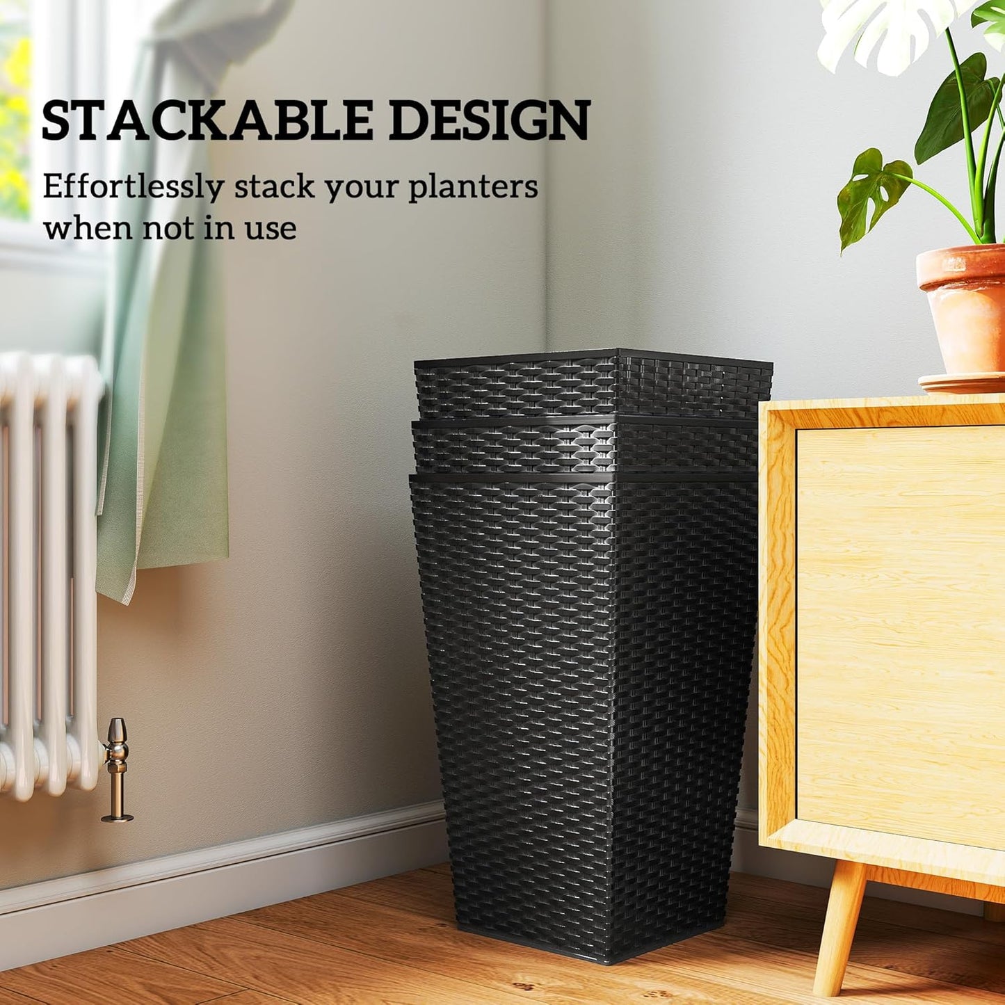 Outsunny Tall Planters for Outdoor Plants Set of 3, 24 in Taper Planters with Drainage Holes, Rattan Decor Plant Pots for Indoor Outdoor Front Porch Patio Backyard, Black