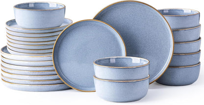 GBHOME Ceramic Dinnerware Sets for 8, 24 Pieces Stoneware Plates and Bowls Sets, Scratch Resistant Dishes, Dishwasher & Microwave Safe, Reactive Glaze-Brunnera Blue