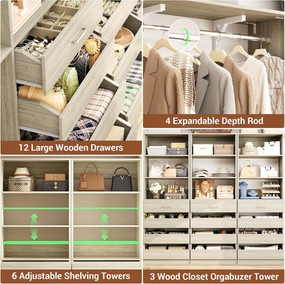 Aheaplus Closet System Set of 3, 138.5" Wood Closet Organizer System Tower with 12 Drawers & 4 Hanging Rods, 6.7+4.85Ft L Shaped Walk-in Closets Wardrobe Organizer Garment Rack with Shelves, White Oak
