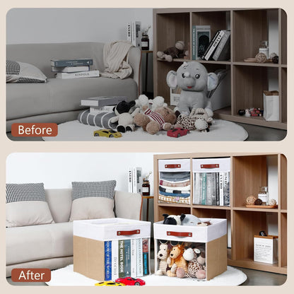 HNZIGE Fabirc Storage Cube Bins 13x13x15 Storage Cube Bins, 4 Pack Foldable Decorative Clear Cube Storage Bins for Cube Organizer Canvas Cubby Storage Organizer Bins for Shelves Pantry- White Beige