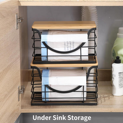 Extra Large Trash Bag Holder Under Sink 2 Pack Stackable Kitchen Storage with Bamboo Lid, Garbage Bag Dispenser Roll Holder, Pantry Organizers Wall Mounted Laundry Room Organization Storage