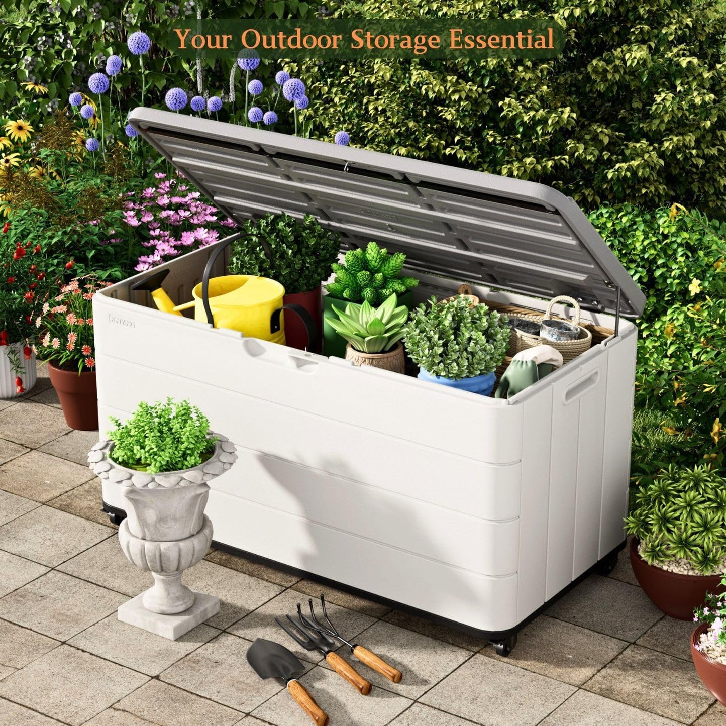 ZZM 110 Gallon Outdoor Deck Box with Wheels, Waterproof Resin Storage Cabinet for Patio