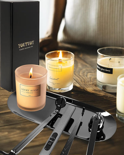 5 in1 Candle Accessory Set with Rechargeable Candle Lighter, Candle Wick Trimmer, Candle Wick Snuffer, Candle Wick Dipper, Storage Tray Plate, Candle Care Kit (Silver Black)