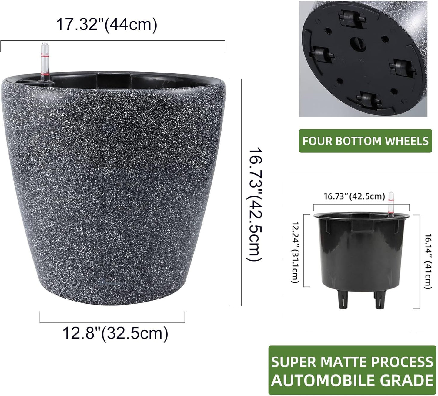 Dexceder 18x17 Self Watering Planter with Wheels Indoor Outdoor, Inner Pot Design, Thickened Large Floor Standing Flower Plant Pot with Water Level Indicator (Stone Matte)