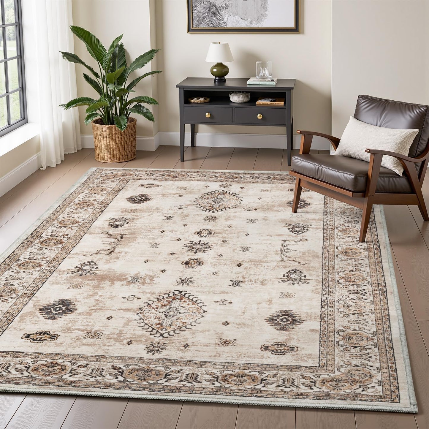 AMOAMI-Vintage Area Rug 3x5 Brown Rugs for Living Room-Soft Washable Rug Non Slip Entryway Rug Indoor Vintage Throw Accent for Bedroom Laundry Room Dining Bathroom Bedside