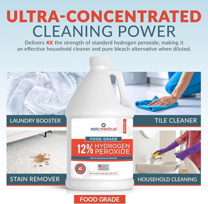 12% Food Grade Hydrogen Peroxide – Ultra-Concentrated H2O2 Peroxide Cleaner – 1 Gallon Bottle – Bleach Alternative for Household Cleaning, Laundry, Glass & More – Made in USA (2)