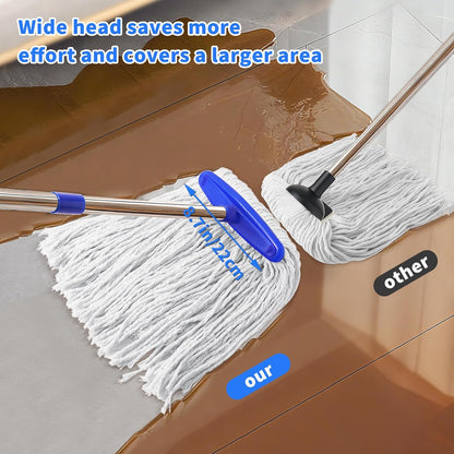 Indoor Cotton Mops for Floor Cleaning - Indoor Cleaning Mop for Wood Floors, Tile, Hardwood Floor, 52" Adjustable Stainless Steel Handle Mops to Clean Living Room, Kitchen,Bathroom. (White Blue)