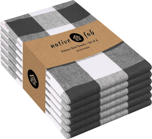 Native Fab 6-Pack Kitchen Towel with Hanging Loop 16x26 inches, Cotton Buffalo Check Kitchen Towels for Cleaning Drying, Washcloths Soft & Absorbent Cloth Rags, Bar Towel, Dish Cloth, Grey