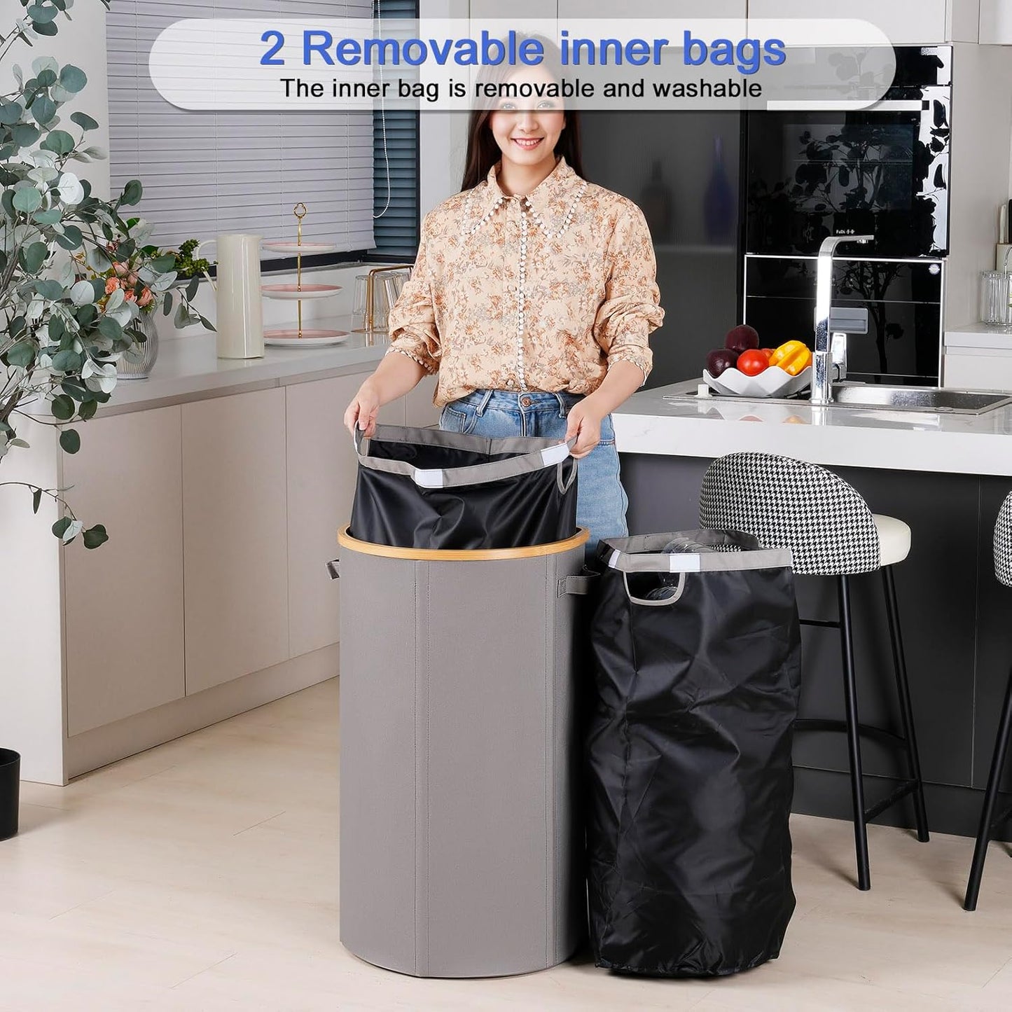 efluky Recycling Bin for Kitchen 100L, 26 Gallon Recycle Bins for Indoor Outdoor Home Use with 2 Removeable and Reusable Inner Bags, Tall Recycle bin for Bottle Can Plastice Stickers (Grey)