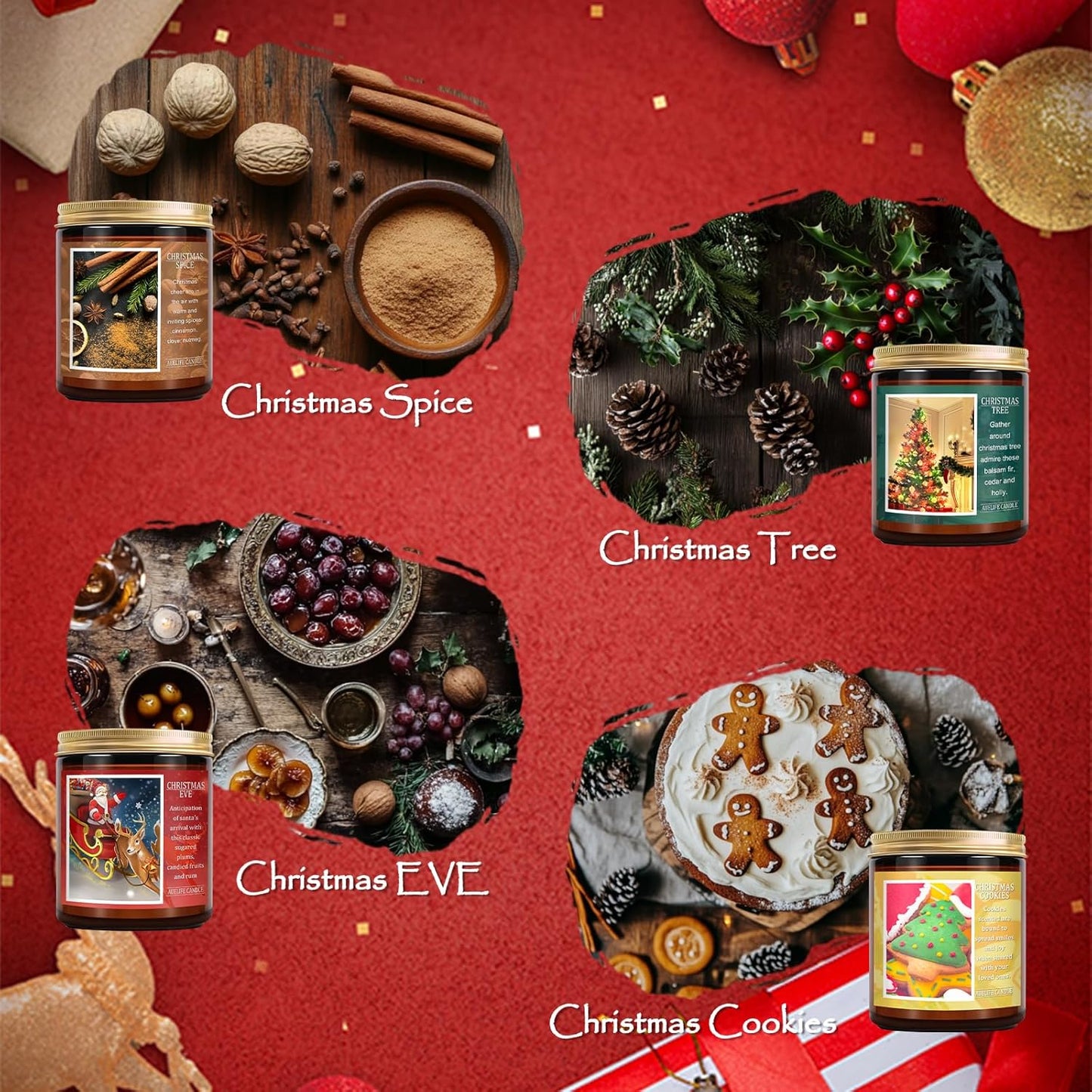 Christmas Candle Set | 4Pack Scented Candles Holiday Candle Gifts - Soy Candles Home Scented, Xmas Gift for Women and Men - Scents of Christmas Tree/Spice/Cookies/EVE