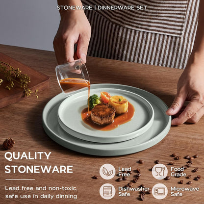 Onader Stoneware Dinnerware Sets for 6 with Double Bowl, 24 Piece Plates and Bowls Dish Dinner Set, Speckled Kitchen Dishware Tableware – Pale Sage Green