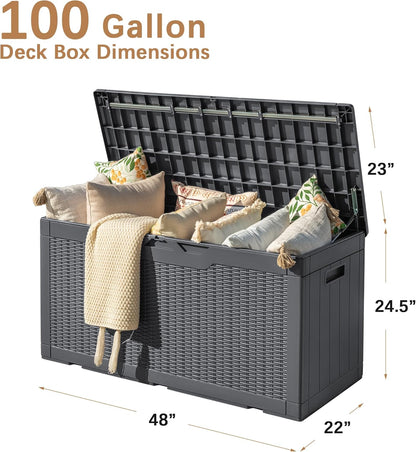 Devoko 97 Gallon Deck Box, Waterproof Resin Outdoor Storage Box for Outside and Patio, Large Outdoor Storage Bench Cabinet Lockable for Patio Furniture, Garden Tools and Pool Supplies (Gray)
