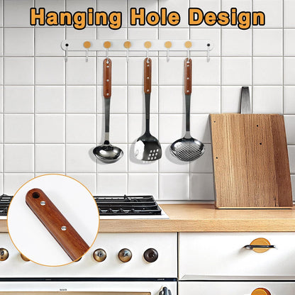 FJNATINH Stainless Steel Wok Spatula,Ladle,Skimmer Ladle Tool Set,Mirror Polished Cooking Utensils with Wooden Handle,Easy to Clean Wok Accessories,Black 3 PCS