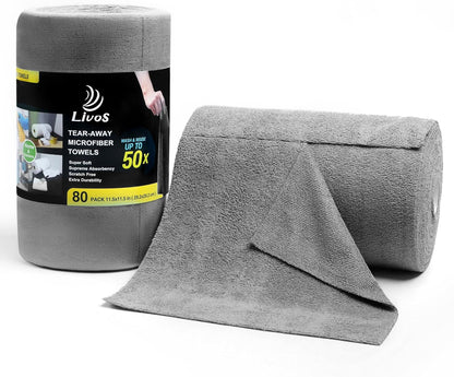 LIVOS Microfiber Cleaning Cloth Roll - 80 Pack, Reusable Paper Towels Grey Tear Away, Microfiber Towels for Cars, Super Absorbent Lint Free Cleaning Rags for House, Kitchen, Window-11.5"x11.5"