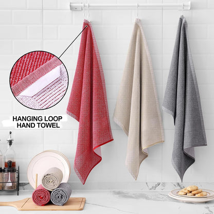 Homaxy Premium Kitchen Towels(18”x 28”, 6 Pack), Large Cotton Kitchen Hand Towels, Flat and Terry Dish Towels, 380 GSM Highly Absorbent Tea Towel Set with Hanging Loop, Red/Grey/Khaki