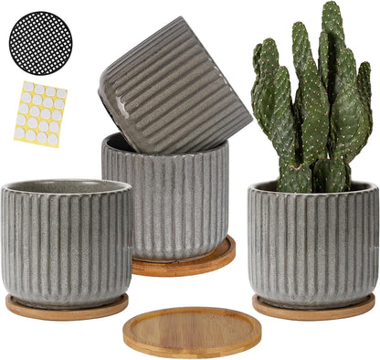 TAMAYKIM 5.25 Inch Ceramic Plant Pots with Drainage Holes and Saucers, Modern Flower Pots with Trays for Indoor Planters, Snake Plant, Succulent, Cactus and Herbs, Set of 4