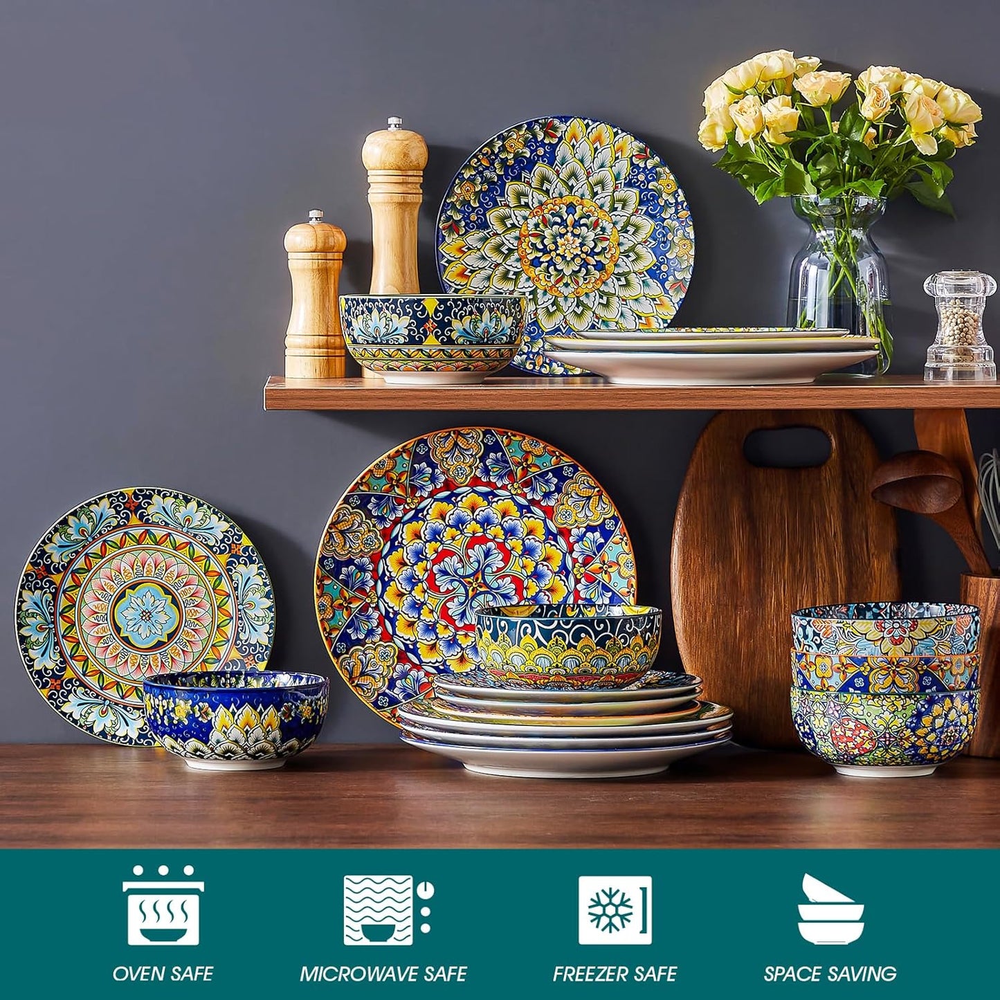 vancasso 18 Pieces Dinnerware Sets, Plates and Bowls Set, Porcelain Dishes Set for 6, Microwave and Dishwasher Safe, Scratch Resistant, Bohemian Style Dining Ware Service for 6, Series SIMI