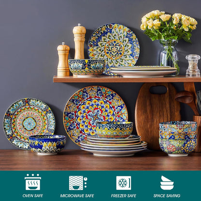 vancasso 18 Pieces Dinnerware Sets, Plates and Bowls Set, Porcelain Dishes Set for 6, Microwave and Dishwasher Safe, Scratch Resistant, Bohemian Style Dining Ware Service for 6, Series SIMI
