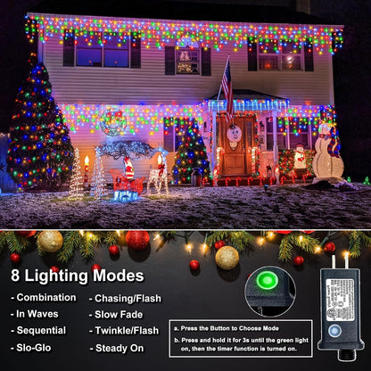 Icicle Christmas Lights, 98FT 1216 LED Icicle Lights for Outside with 228 Drops, 8 Modes Waterproof Twinkle String Lights for House Bedroom Wedding Holiday Decorations, Multicolor